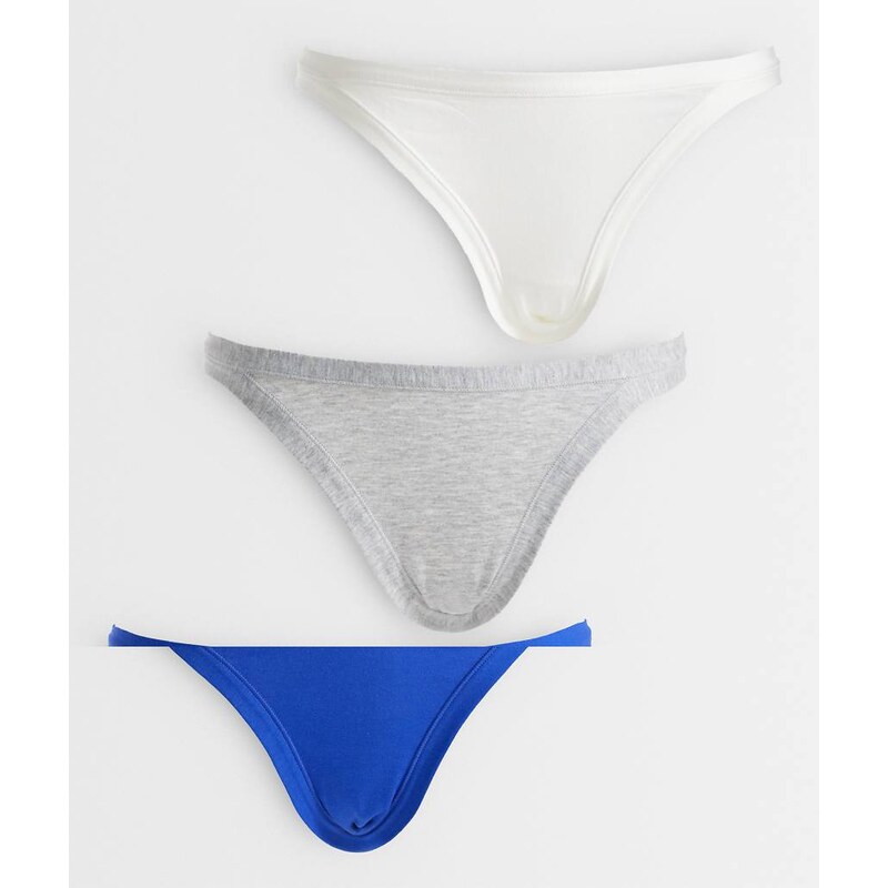 ASOS DESIGN 3 pack 90s tanga brazilian in grey marl, white &