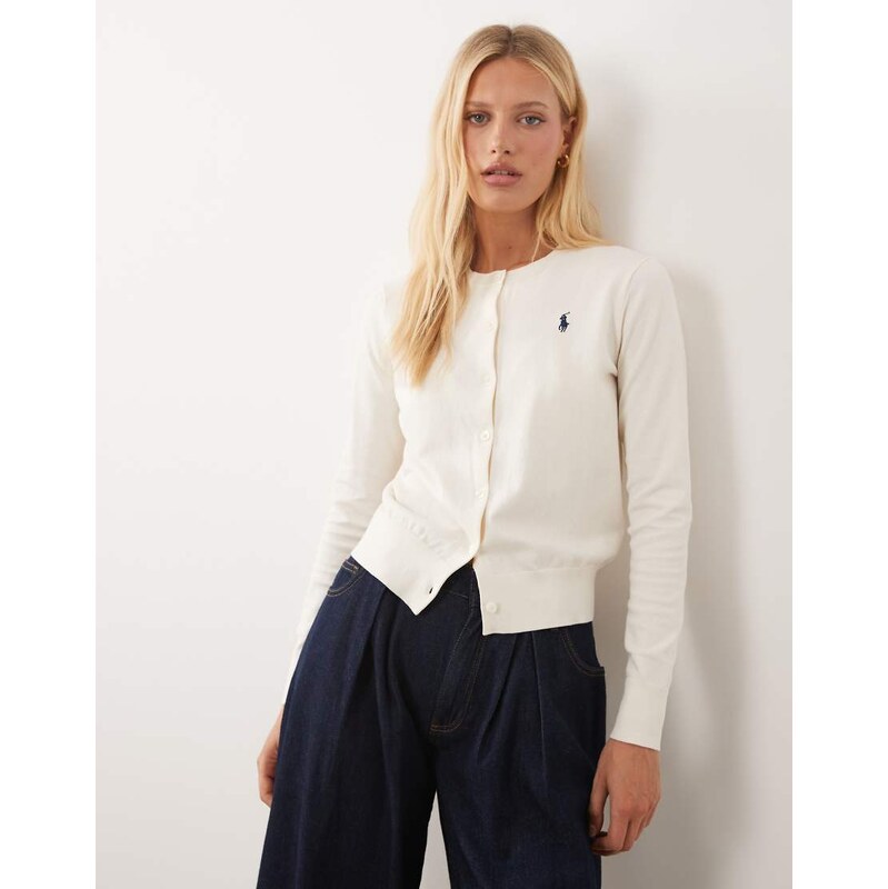 Polo Ralph Lauren icon logo fine knit cardigan in cream-White