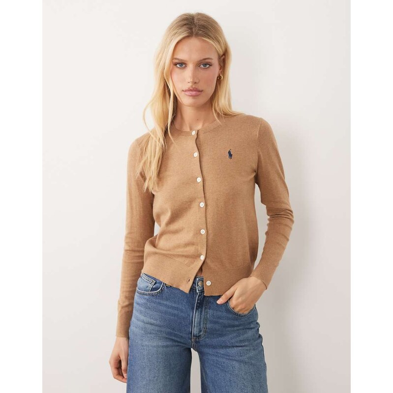 Polo Ralph Lauren icon logo fine knit cardigan in camel tan