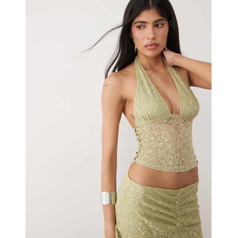 Motel Calora lace halter top in sage co-ord-Green