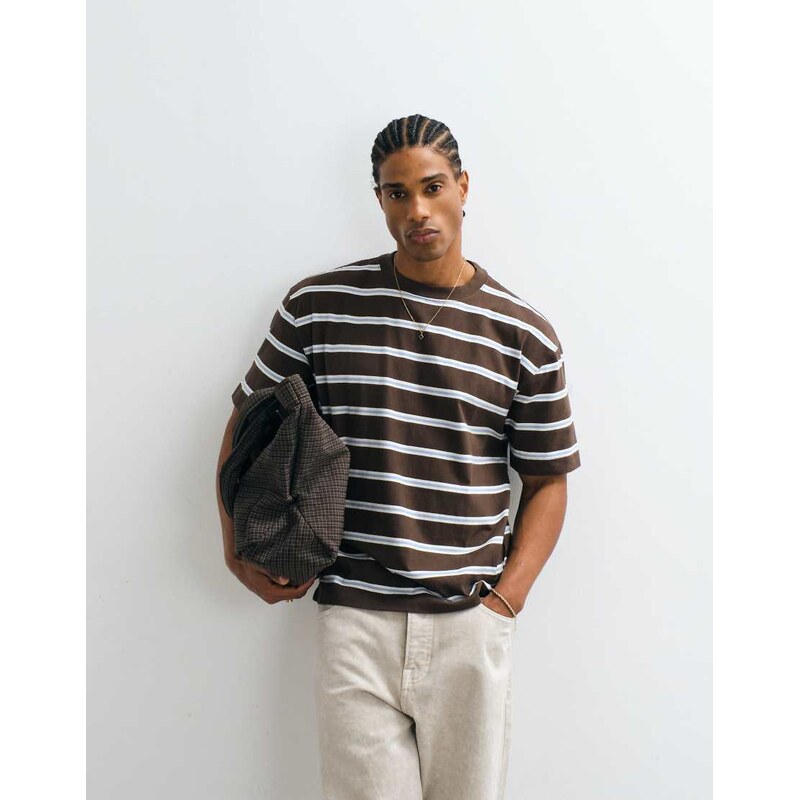 Hollister boxy heavyweight t-shirt in brown and blue stripe