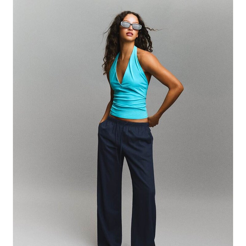 Bershka Tall linen blend trousers with an elasticated waistband