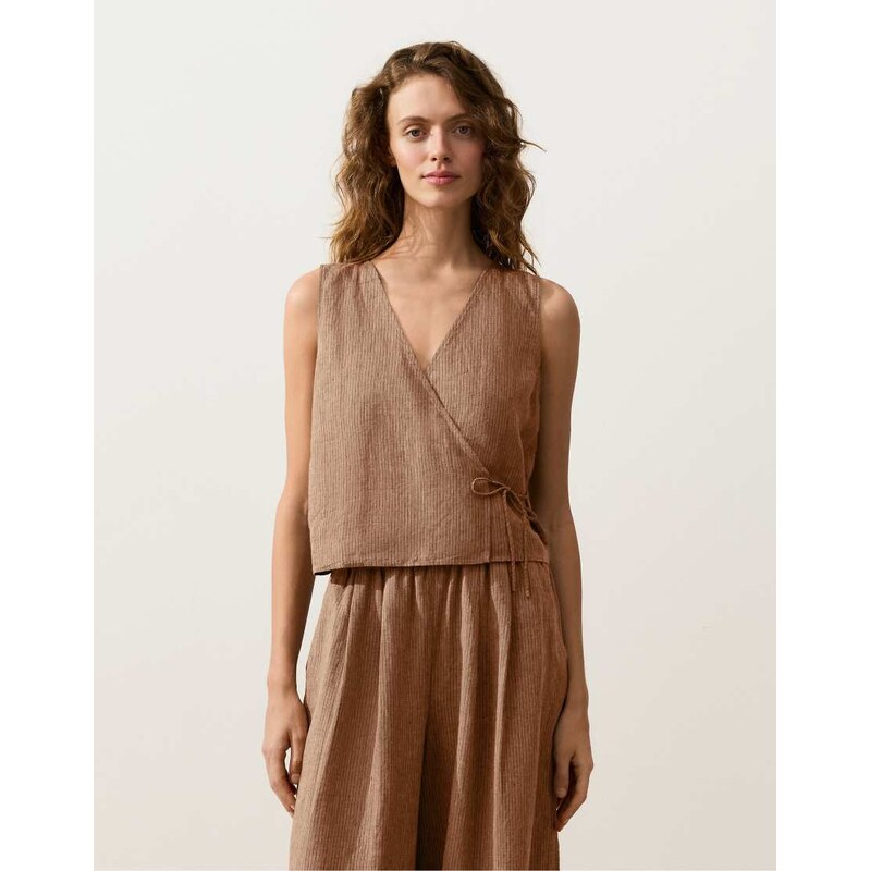 OYSHO 100% linen square neck crossover tie top in tan melange