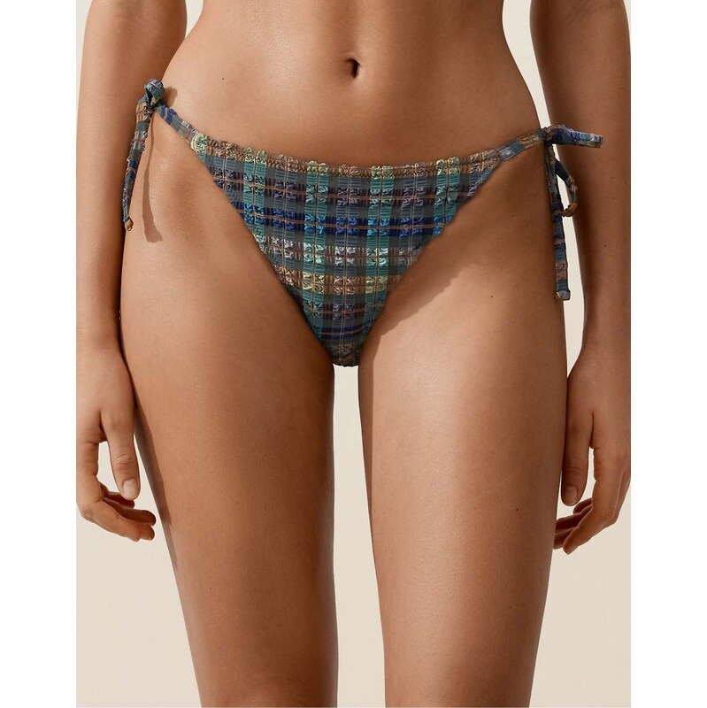 OYSHO Textured check medium-coverage bikini briefs with ties in