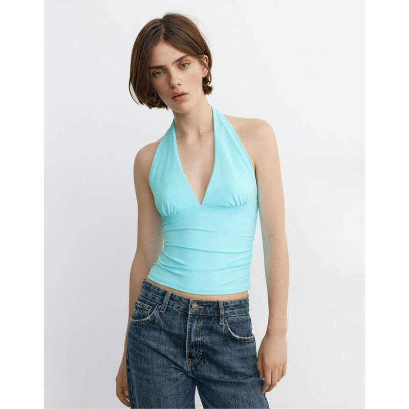 Pull&Bear Halter neck top with gathering in pale turquoise-Blue