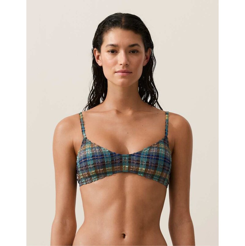 OYSHO Checked textured bikini top in khaki-Green