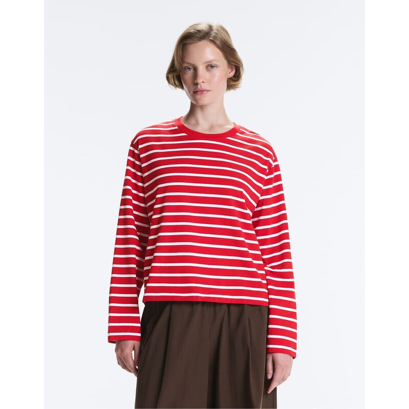 OYSHO Boxy long-sleeved striped cotton-blend t-shirt in red
