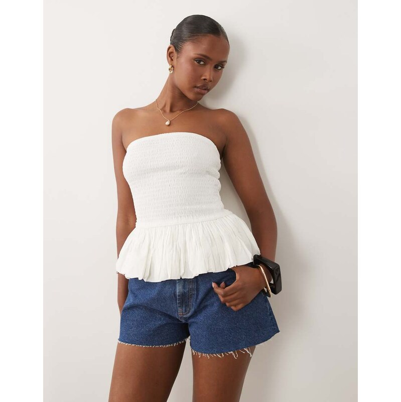 ASOS DESIGN shirred ruffle hem bandeau top in white