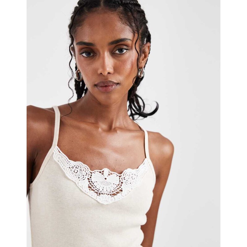 Hollister lace v neck front cami in cream-Grey