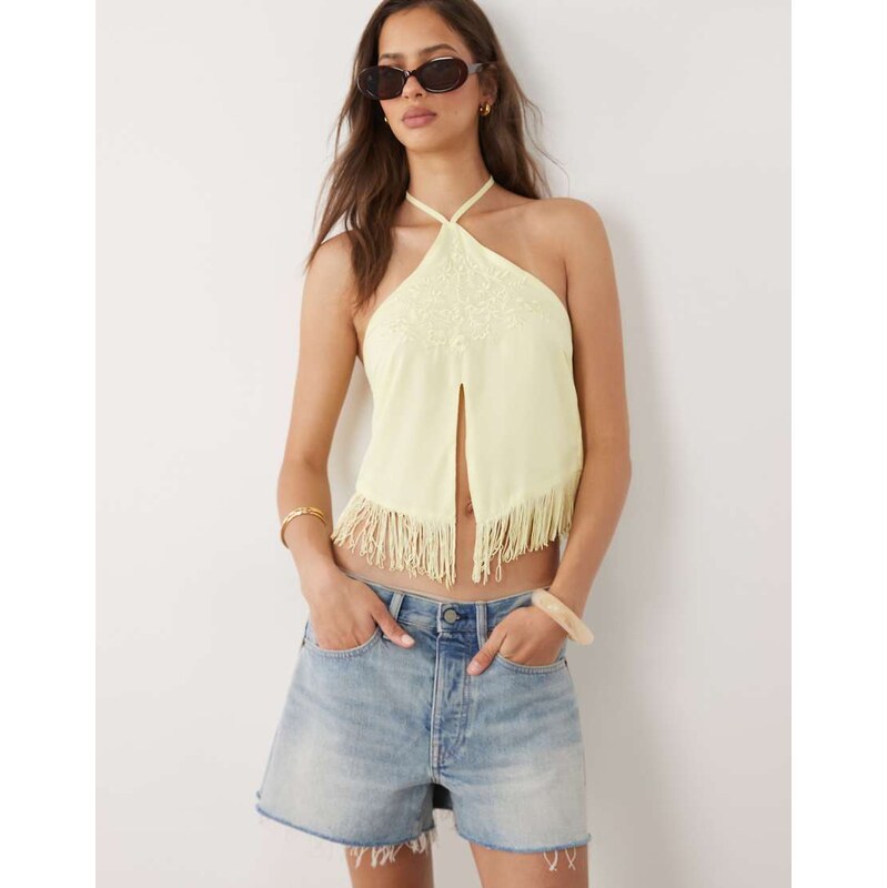 Motel Junaya halter fringe top in butter yellow