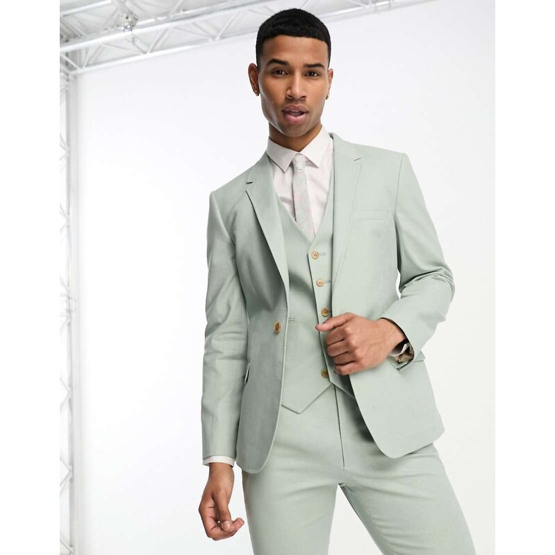 ASOS DESIGN skinny linen mix suit jacket in sage green