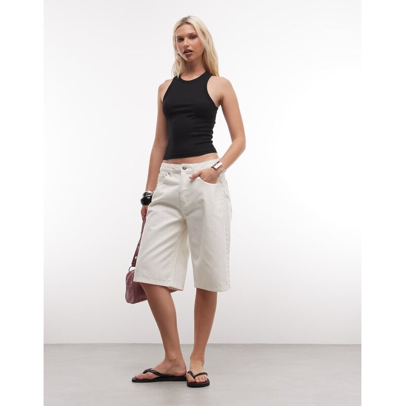 Liquor N Poker pearl studded denim jorts in ecru-White