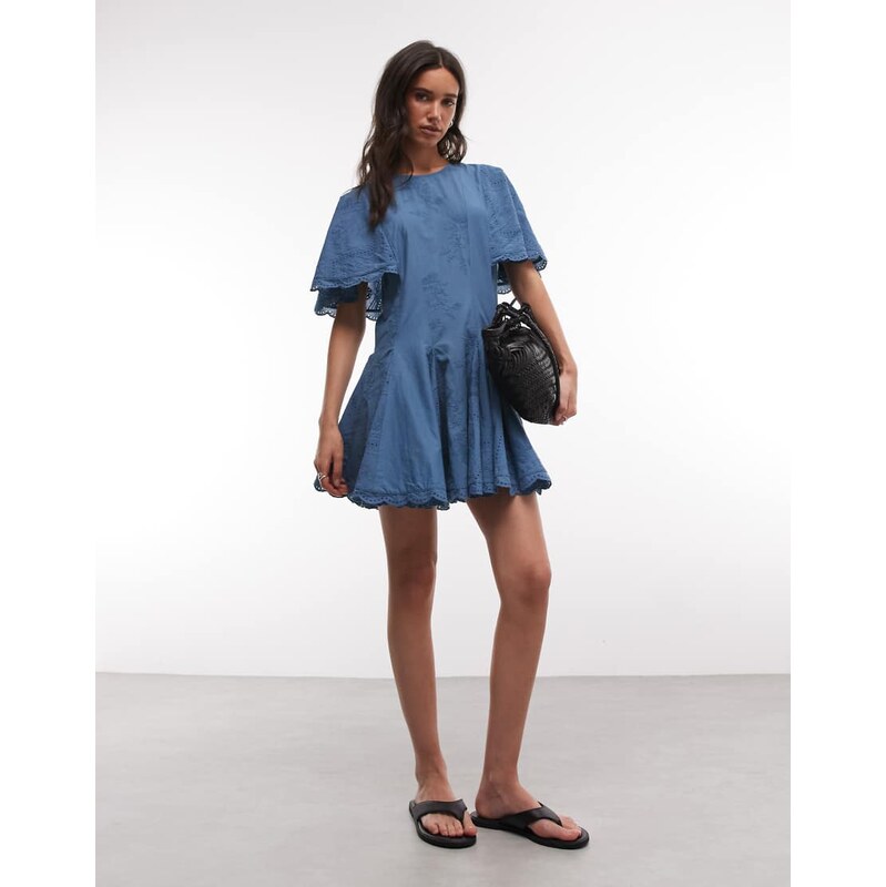 AllSaints Corla short sleeve lace ruffle high neck mini dress in