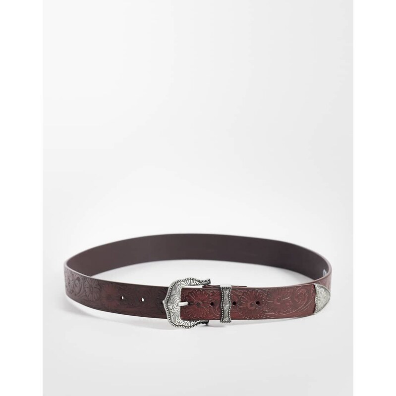 ASOS DESIGN western embossed pattern belt with engraved silver