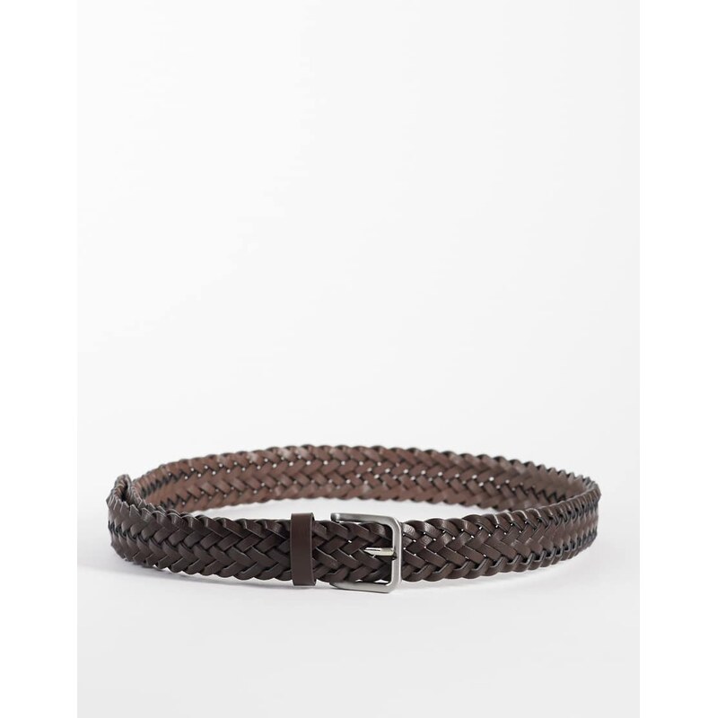 ASOS DESIGN faux leather woven belt with brushed silver buckle