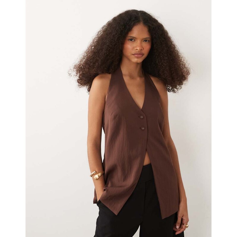ASOS DESIGN Tailored halter neck button deal top in brown