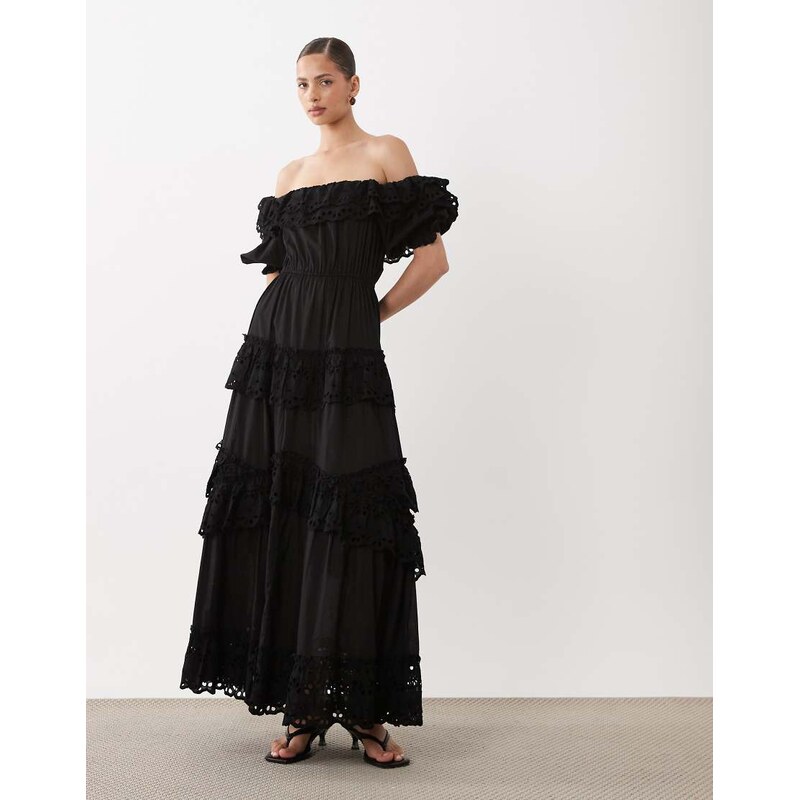 ASOS DESIGN bardot maxi dress with floral broderie in black