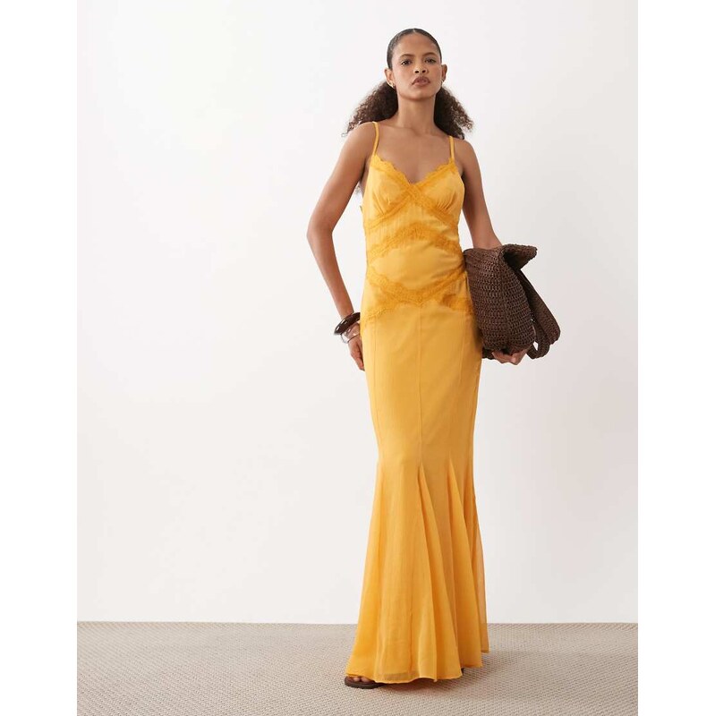 ASOS DESIGN slip shift lace trim midi dress with godets in soft