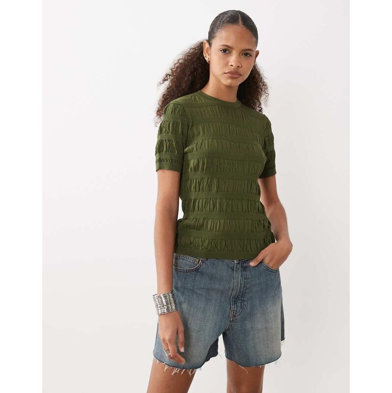 ASOS DESIGN shirred fine knit t-shirt in khaki-Green