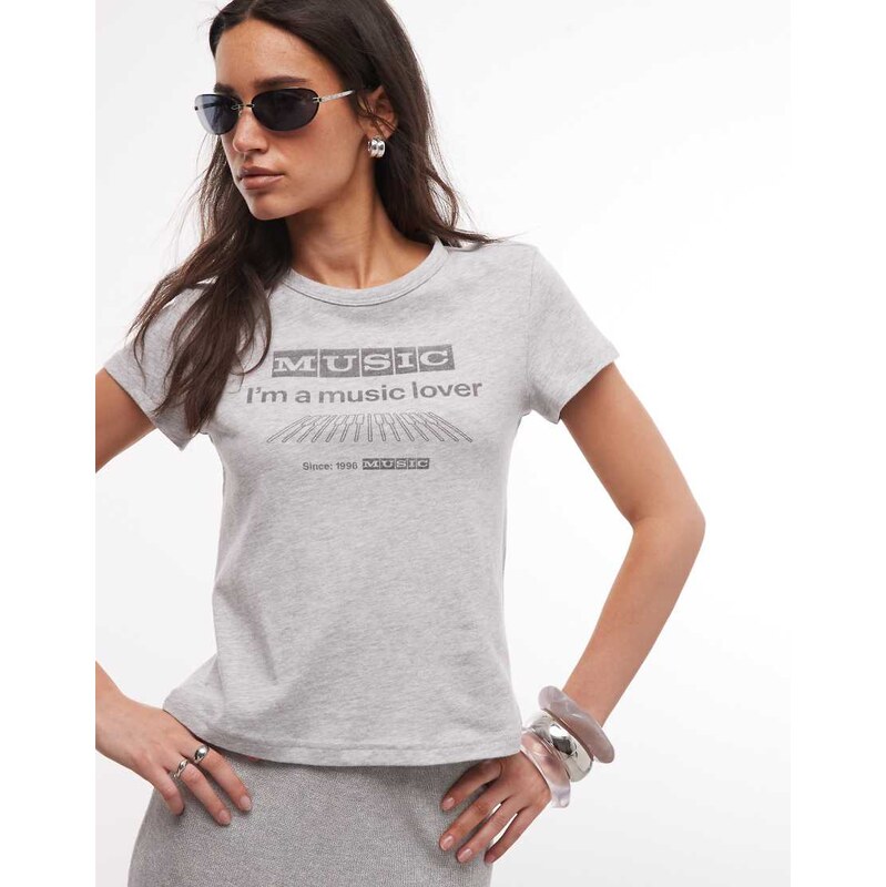 Weekday fitted t-shirt with music graphic print in grey melange