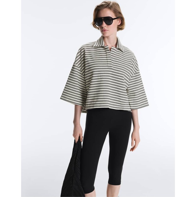 OYSHO Striped cotton blend boxy polo shirt in pale ecru-Neutral