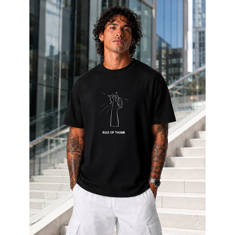 Pánské bavlněné tričko oversize s potiskem černé FashionStreet