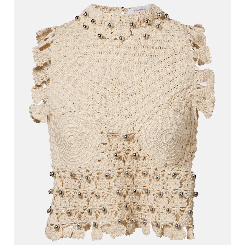 Rabanne Embellished crochet cotton top