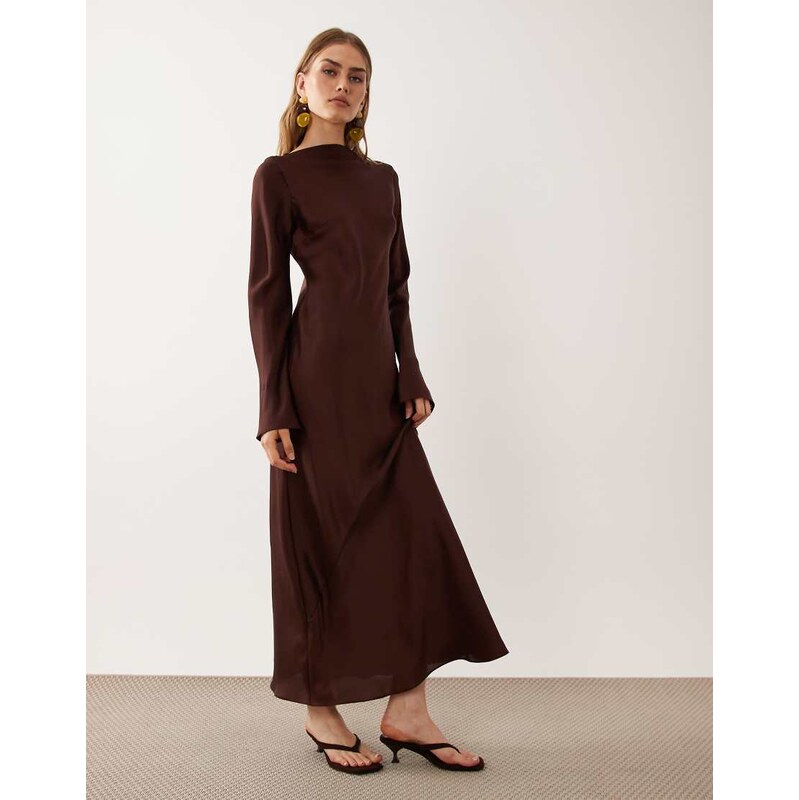 ASOS DESIGN satin long sleeve maxi dress in chocolate-Multi