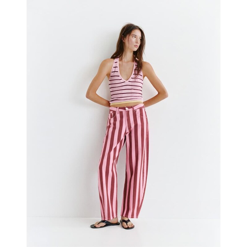 Pull&Bear Striped barrel jeans in pink