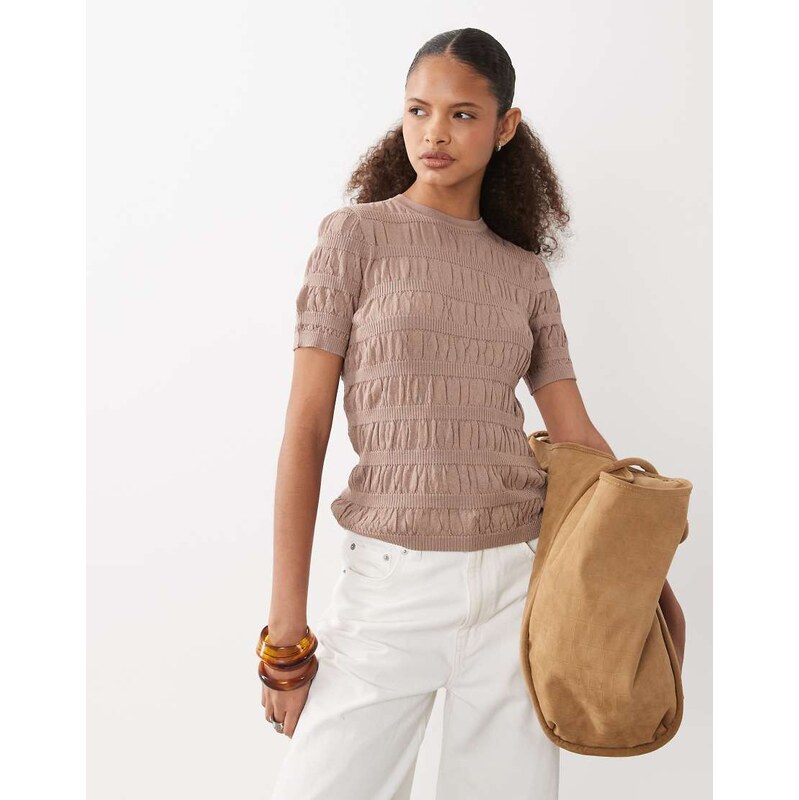 ASOS DESIGN shirred fine knit t-shirt in mushroom-Black