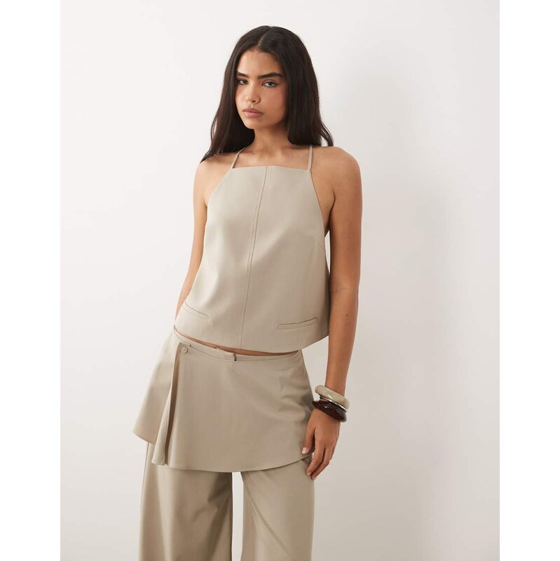 ASOS DESIGN tie back tailored top in beige co-ord-Neutral