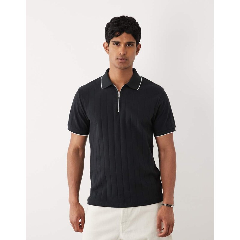 ASOS DESIGN regular fit polo with zip in black wide rib