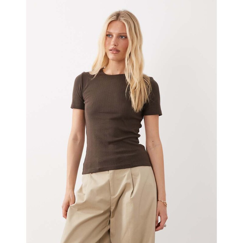 JDY pointelle t-shirt in chocolate brown
