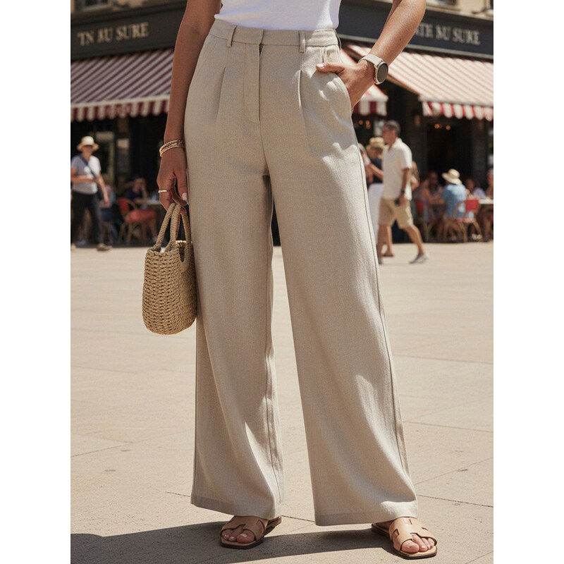 Dámské lněné kalhoty s širokými nohavicemi béžové FashionStreet