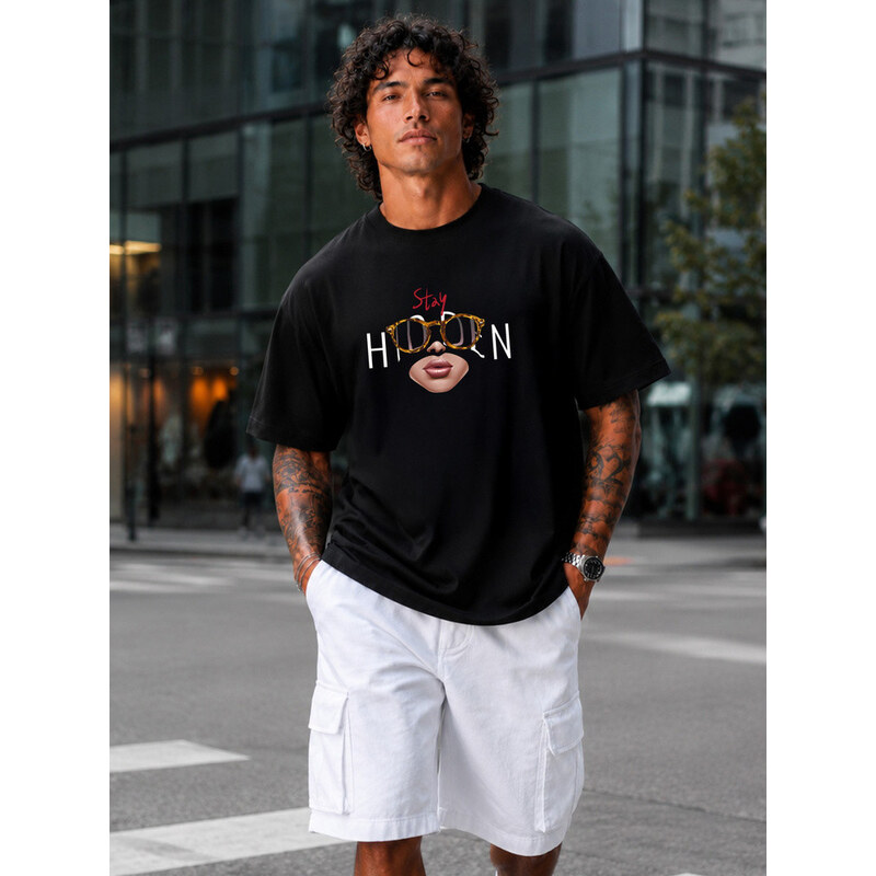 Pánské bavlněné tričko oversize s potiskem černé FashionStreet