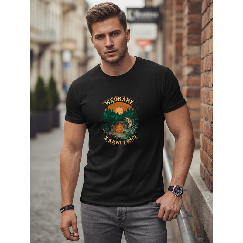 Pánské bavlněné tričko s rybářským potiskem černé FashionStreet