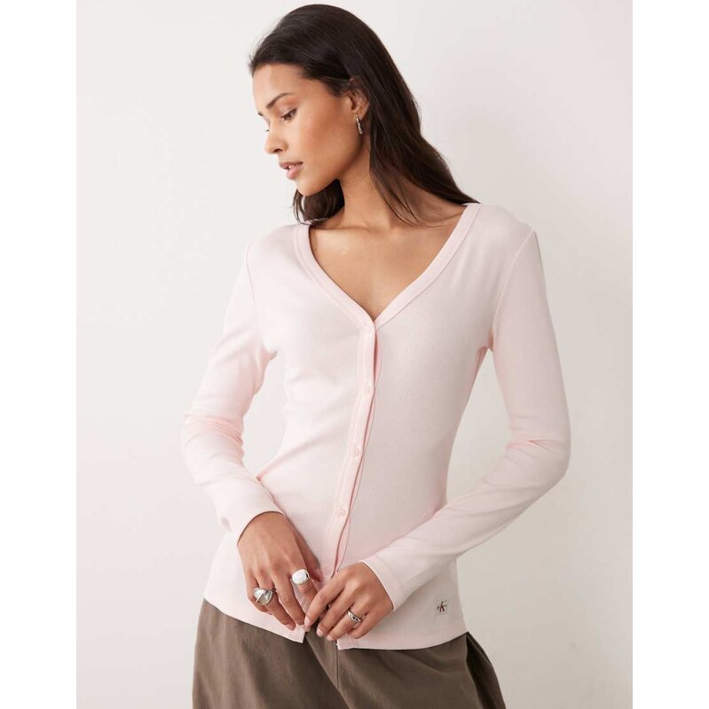 Calvin Klein Jeans long sleeve rib button front top in baby pink