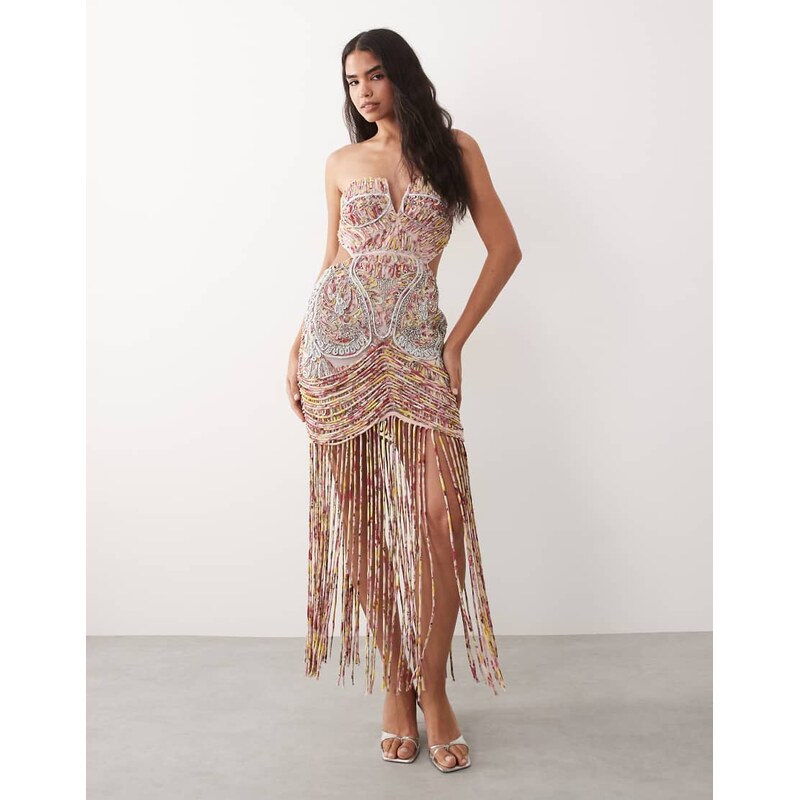 ASOS LUXE premium embroidered fringed cupped maxi dress in pink