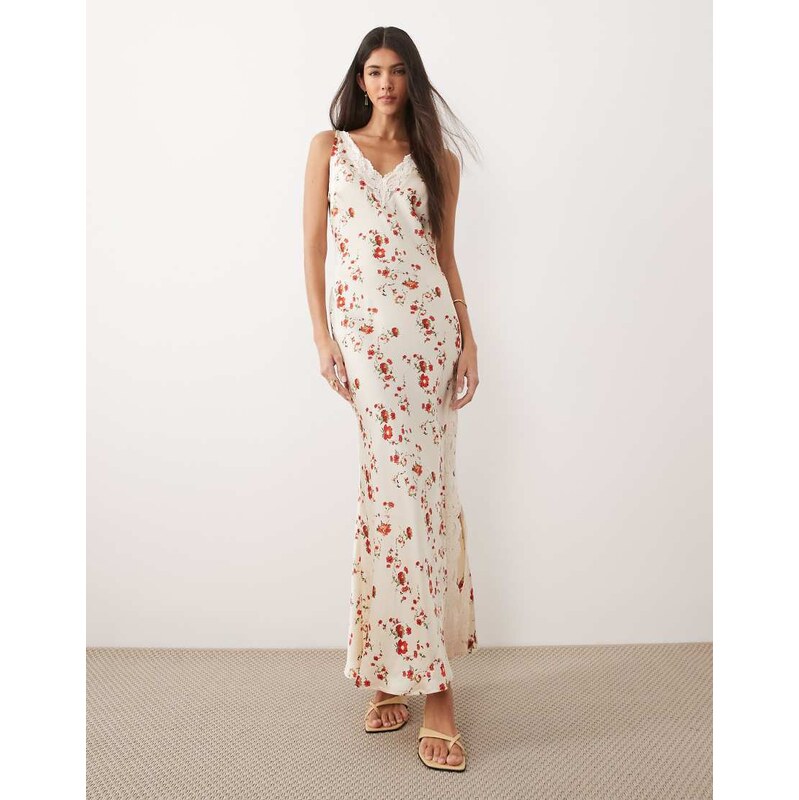 ASOS DESIGN v neck lace matt satin maxi dress in cream red