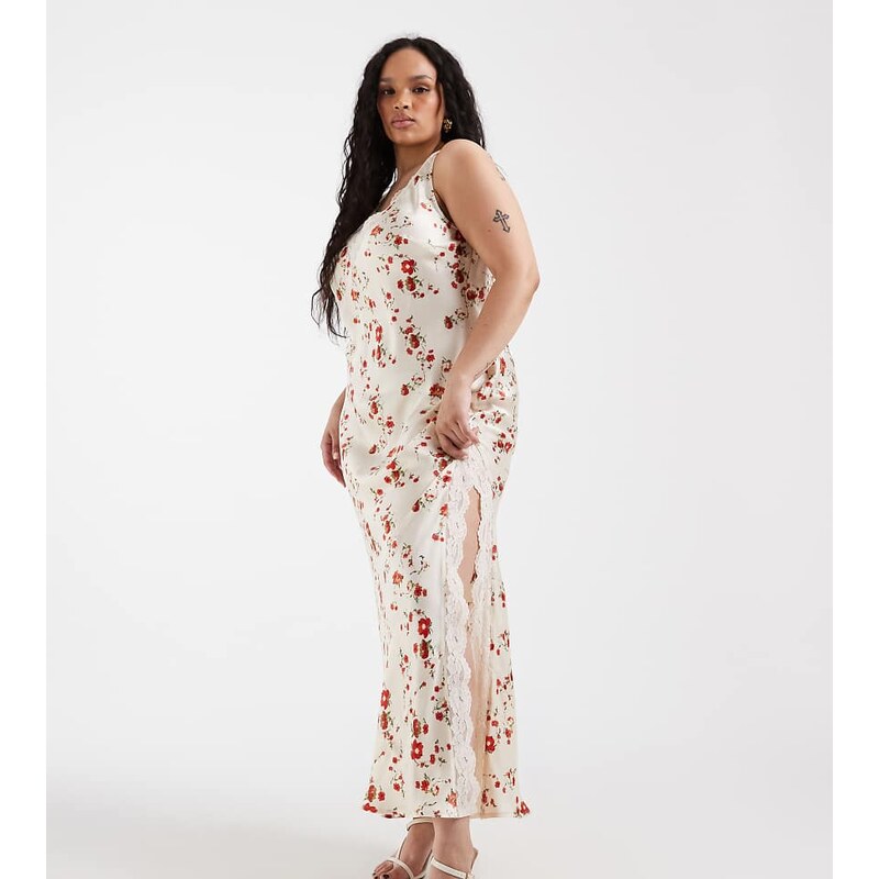 ASOS Curve ASOS DESIGN Curve v neck lace matt satin maxi dress