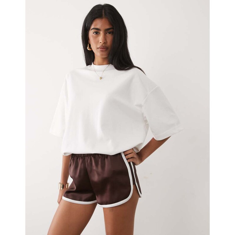 ASOS DESIGN contrast seam satin runner short in chocolate and