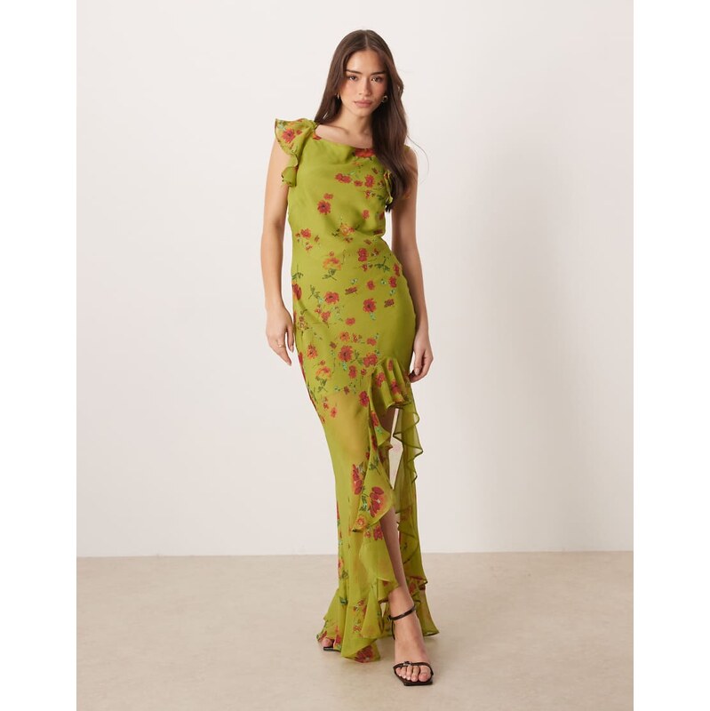 ASOS DESIGN frill sleeve cowl asymmetric hem maxi dress in green