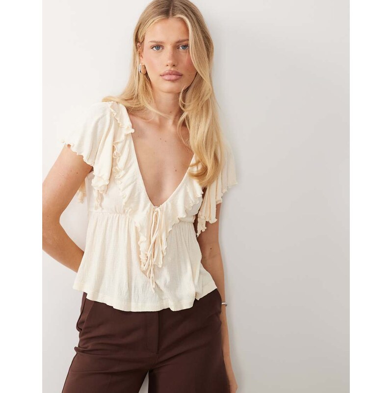 ASOS DESIGN crinkle plunge ruffle flutter sleeve top in ecru