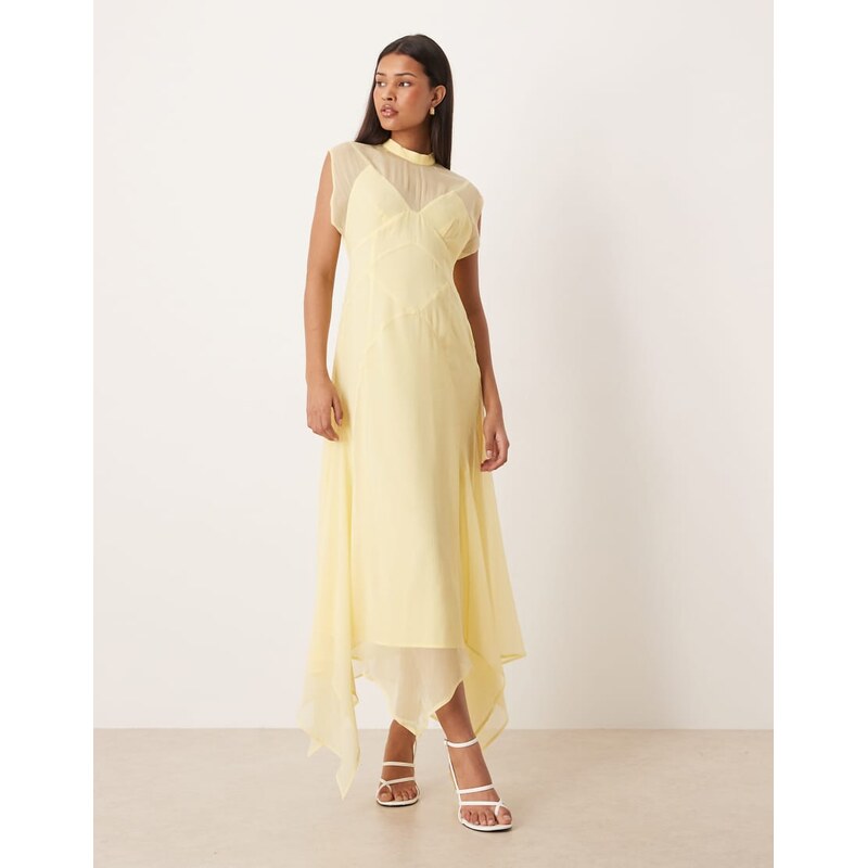 ASOS DESIGN high neck hanky hem chiffon maxi dress in butter