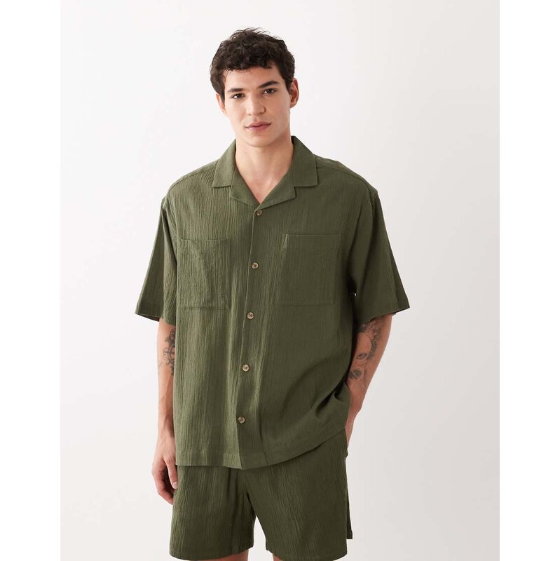 ASOS DESIGN co-ord oversized revere crinkle texture shirt in