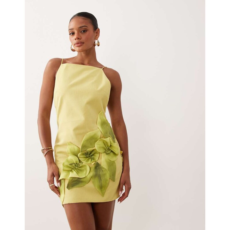 ASOS DESIGN embroidered 3d leaves mini cami dress in lime green