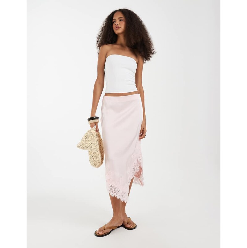 Vero Moda satin midi skirt with lace detail in light pink