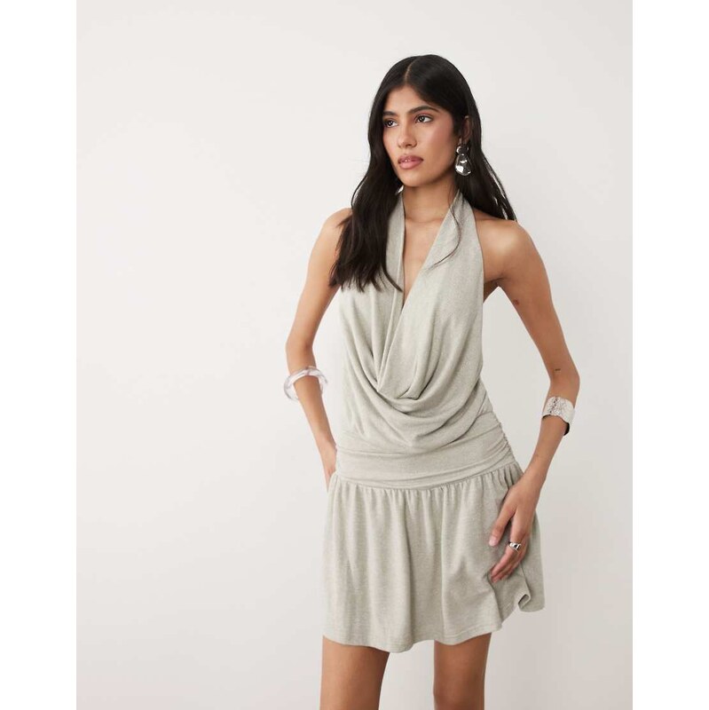 Motel Astara cowl neck ruched mini dress in light grey shimmer