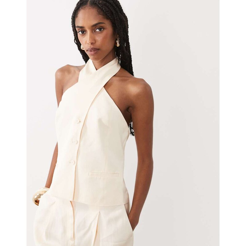 Mango Mariana linen mix halterneck top co-ord in beige-Neutral