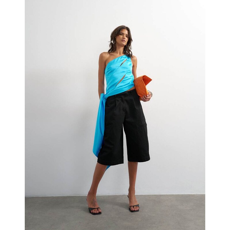 Topshop slash tie satin top in blue